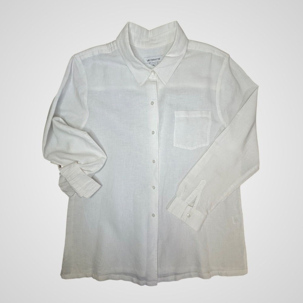 Liz Claiborne White Linen Cotton Blend Button Down Shirt Long Sleeve Womens XL